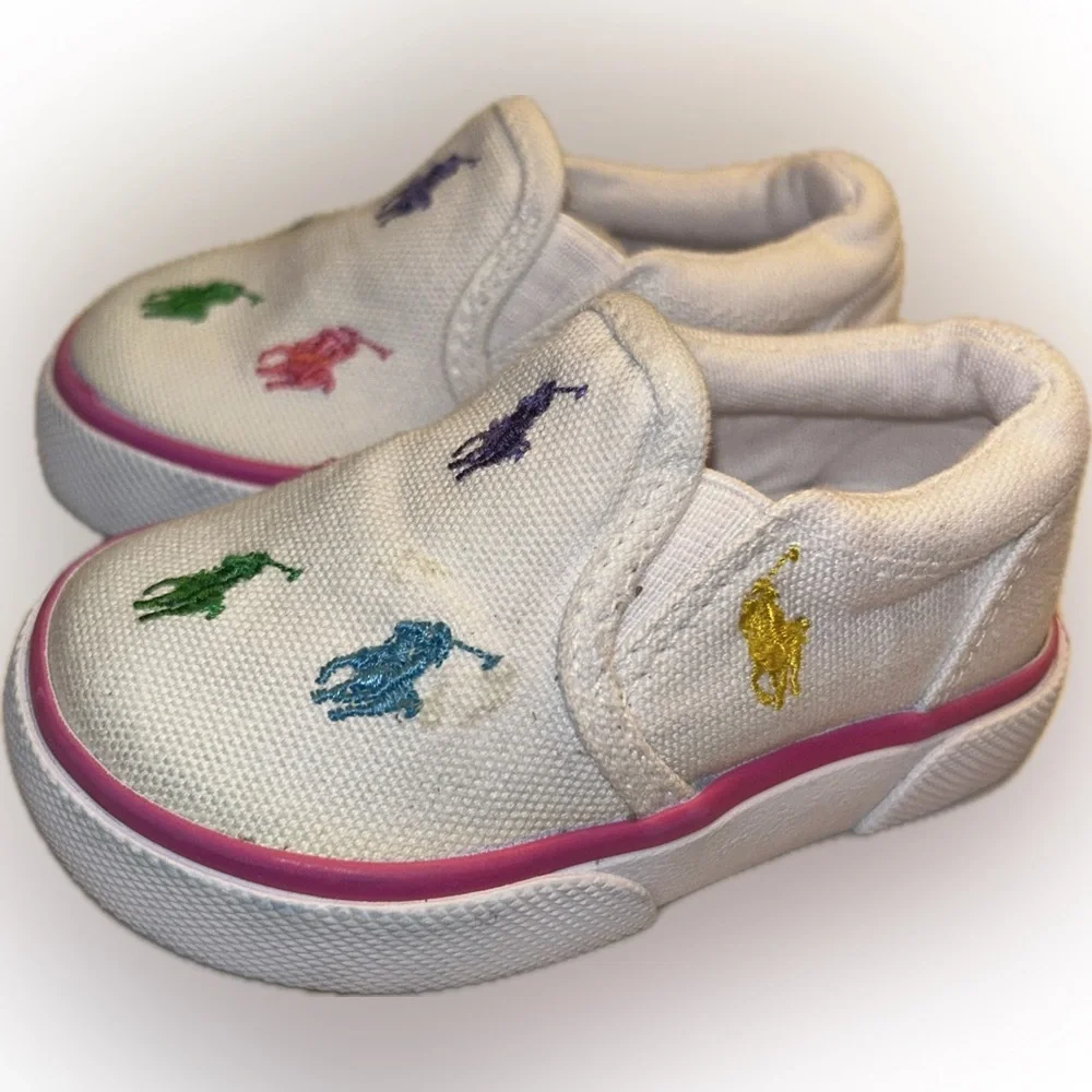 Polo Ralph Lauren Toddler White Canvas Slip-On Sneakers Colorful Pony Logos 3